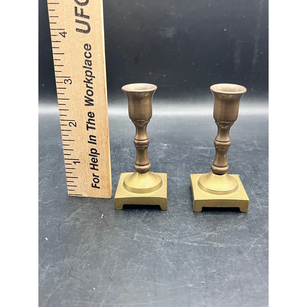 Pair Candlestick Holders Mini‎ Brass Square Base 2.75